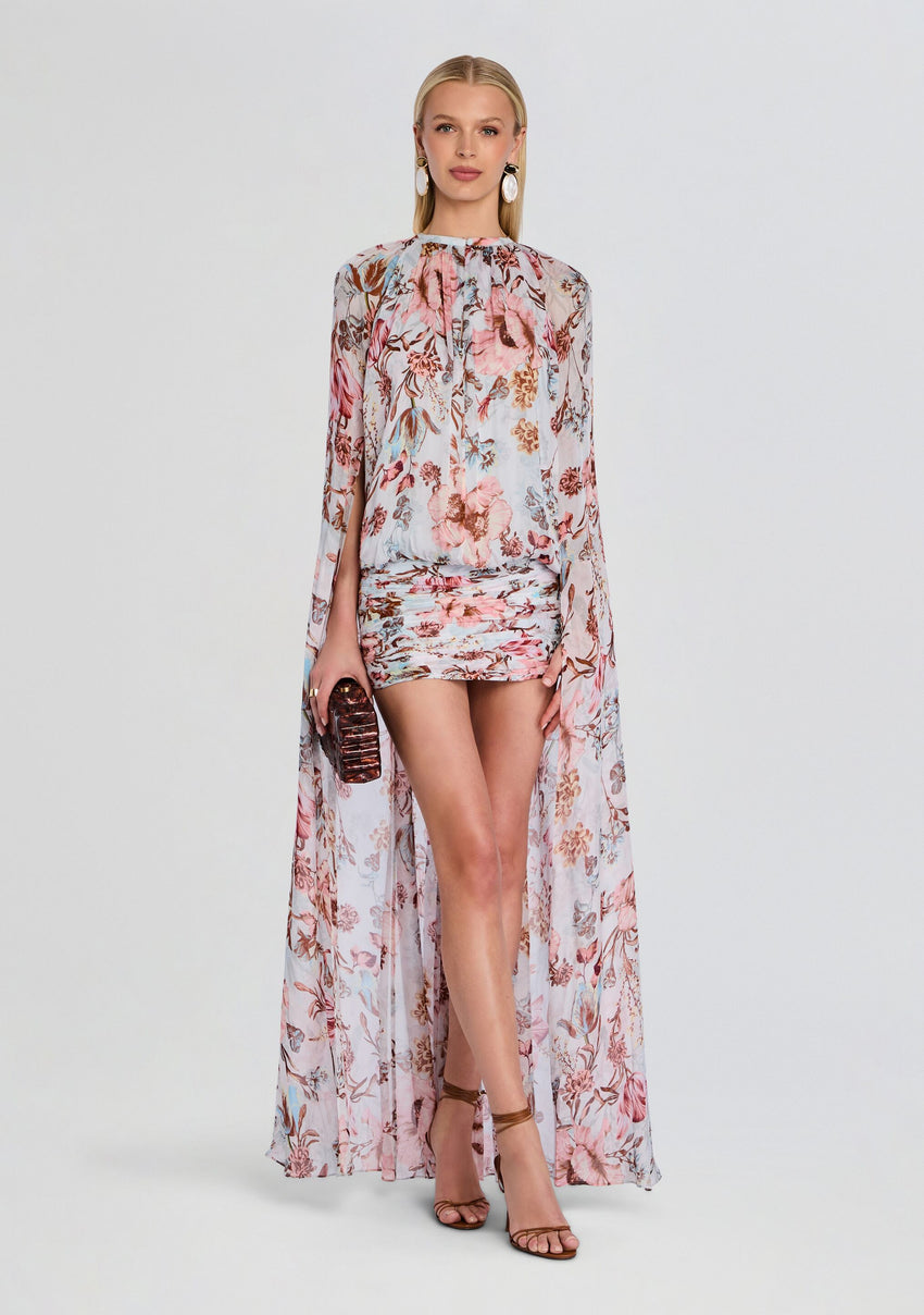 Ezra Ruched Cape Mini Dress